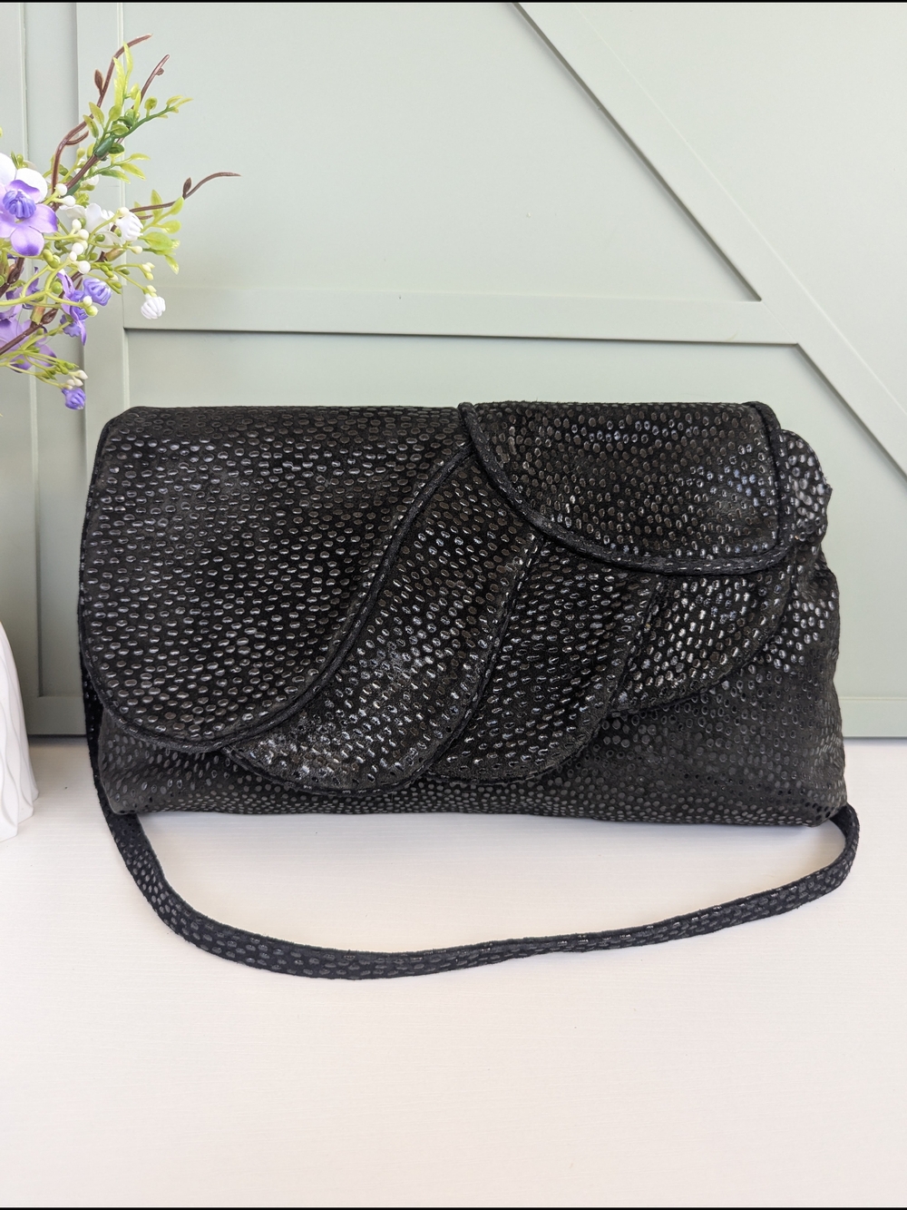 Vintage Viva of California Black Sequin Scallop Flap Evening Clutch